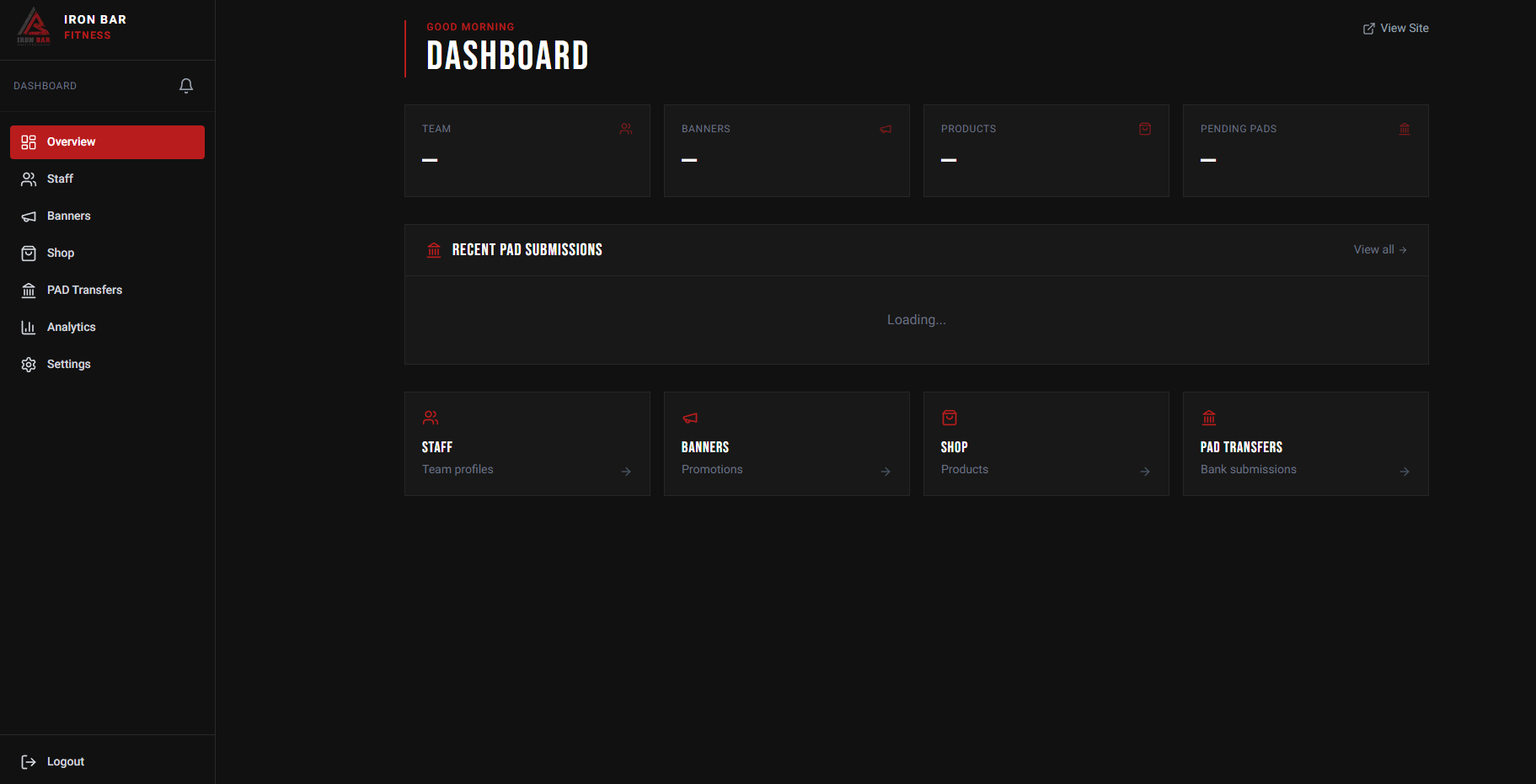 IronBar Fitness admin dashboard
