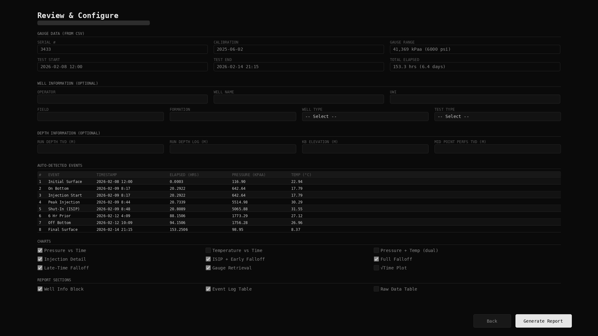 Review and configure screen with auto-detected events and chart options