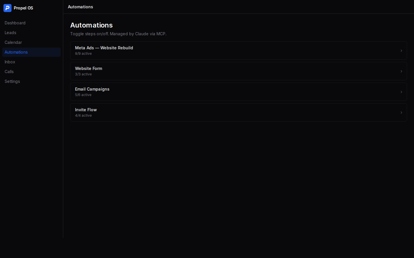 Automations dashboard with toggleable workflows