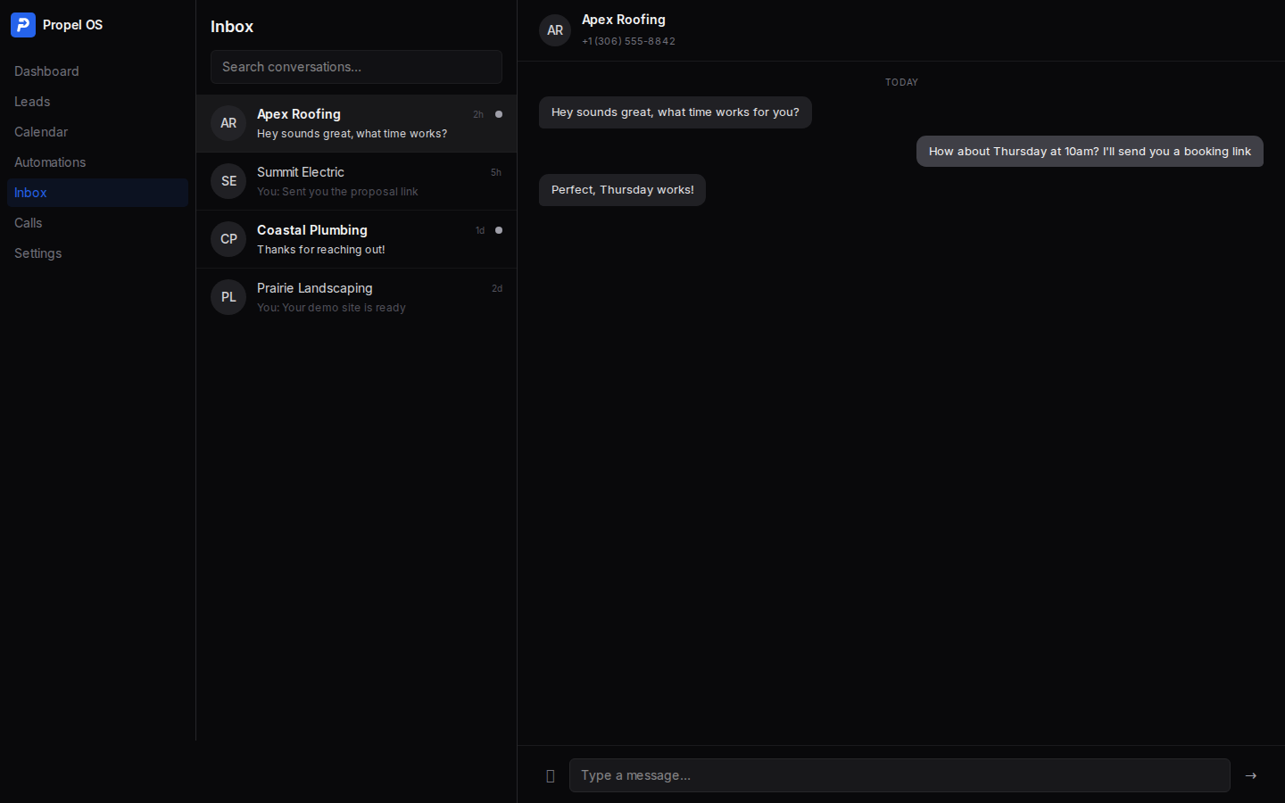 Two-way SMS inbox with conversation threads