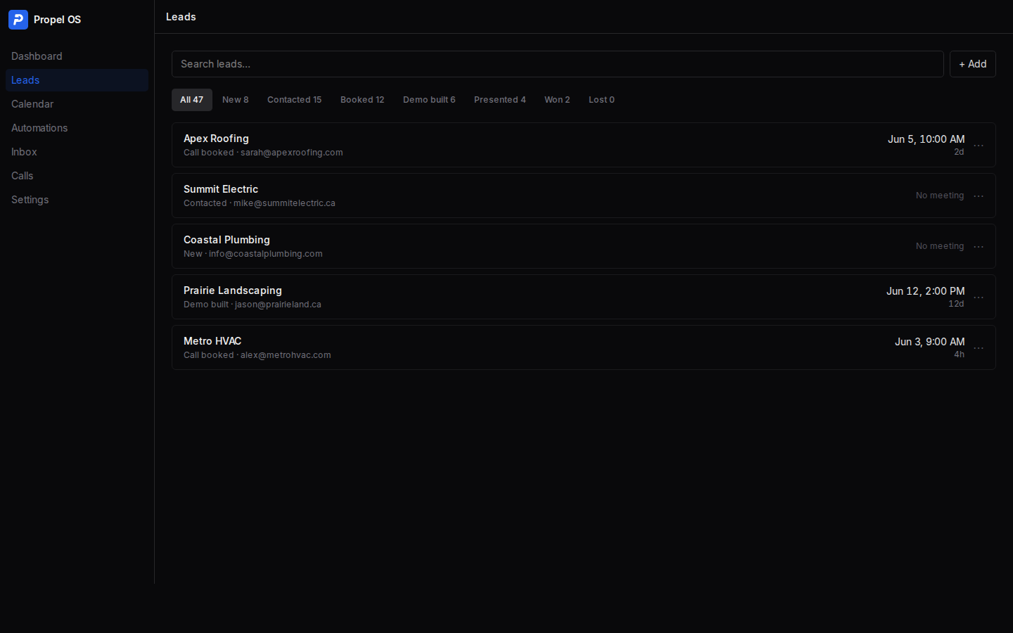 Leads view with pipeline status filters