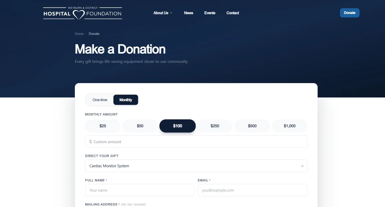 Online donation page with one-time and monthly giving options