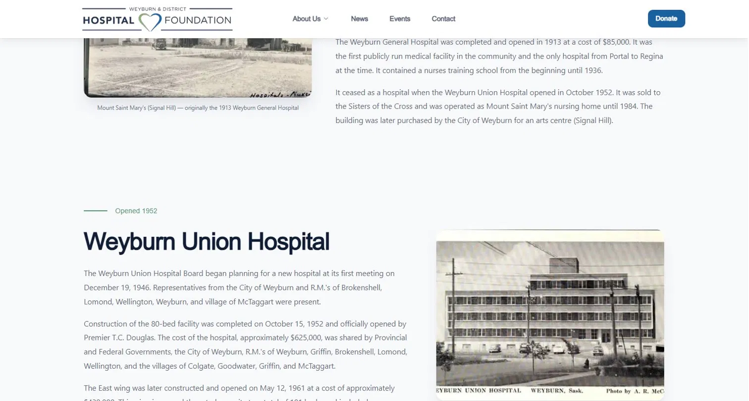 Foundation history section with archival photography